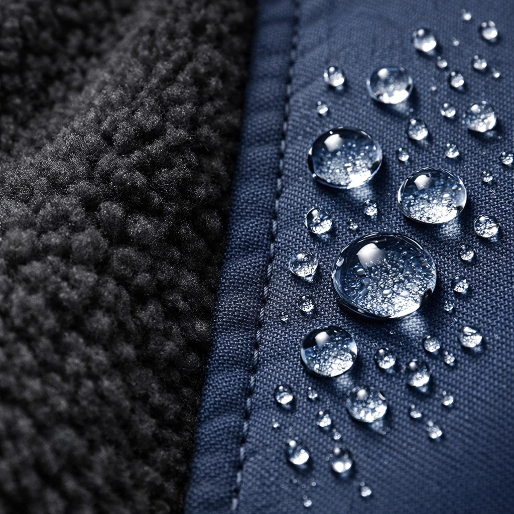Black Fleece Jacket next to Blue Shell Jacket with water drops on the jacket